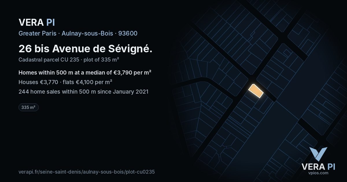 26 bis Avenue de Sévigné, Aulnay-sous-Bois at night – the plot lit, the parcels around coloured by the prices near them