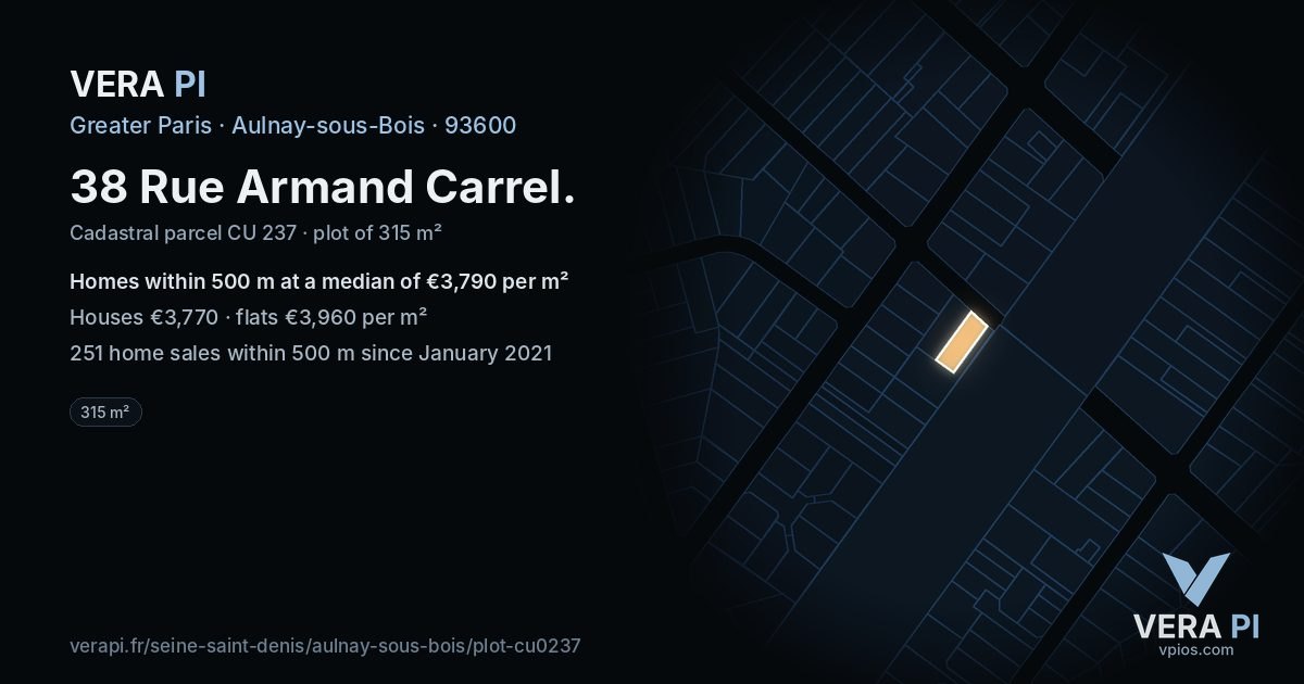 38 Rue Armand Carrel, Aulnay-sous-Bois at night – the plot lit, the parcels around coloured by the prices near them