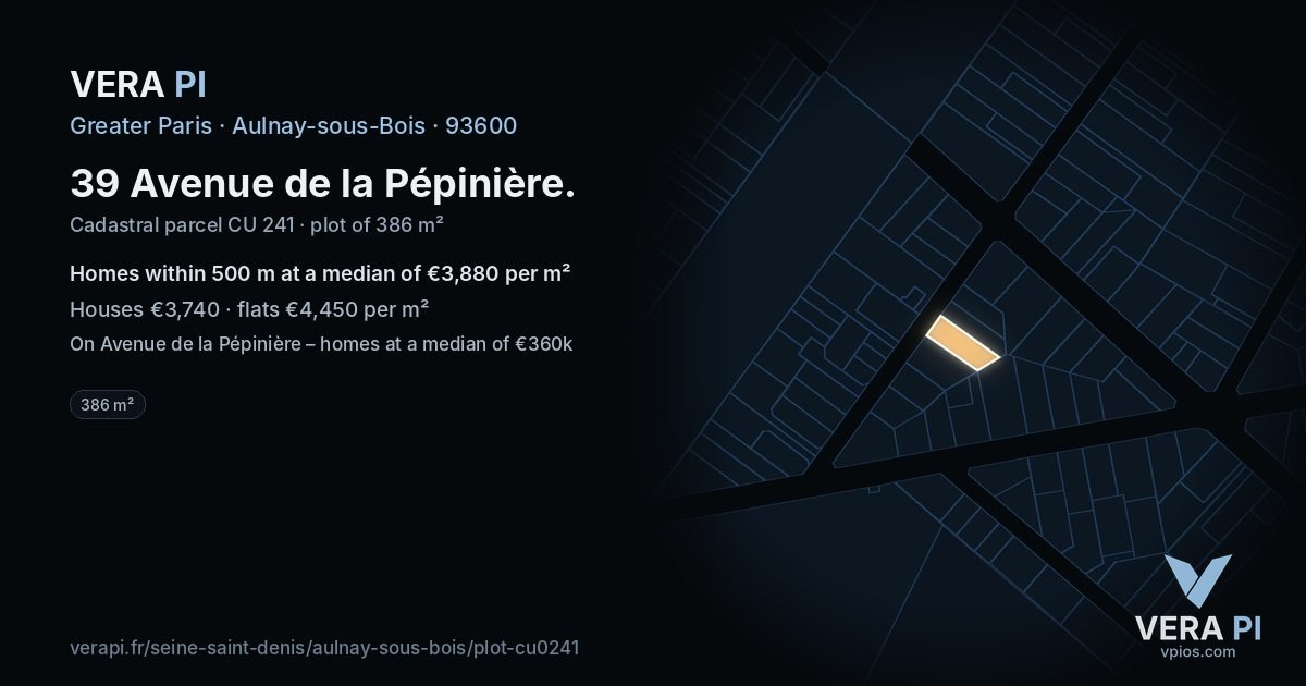 39 Avenue de la Pépinière, Aulnay-sous-Bois at night – the plot lit, the parcels around coloured by the prices near them