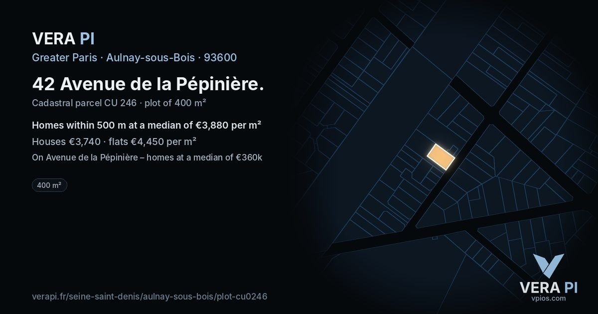 42 Avenue de la Pépinière, Aulnay-sous-Bois at night – the plot lit, the parcels around coloured by the prices near them