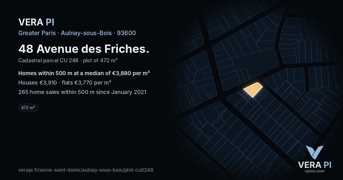 48 Avenue des Friches, Aulnay-sous-Bois at night – the plot lit, the parcels around coloured by the prices near them