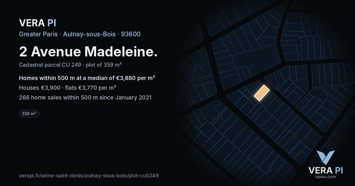 2 Avenue Madeleine, Aulnay-sous-Bois at night – the plot lit, the parcels around coloured by the prices near them