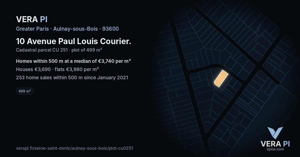 10 Avenue Paul Louis Courier, Aulnay-sous-Bois at night – the plot lit, the parcels around coloured by the prices near them