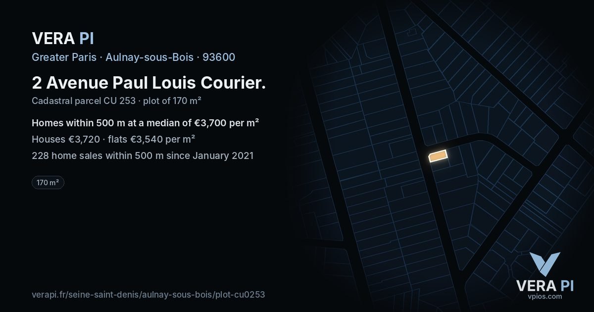 2 Avenue Paul Louis Courier, Aulnay-sous-Bois at night – the plot lit, the parcels around coloured by the prices near them