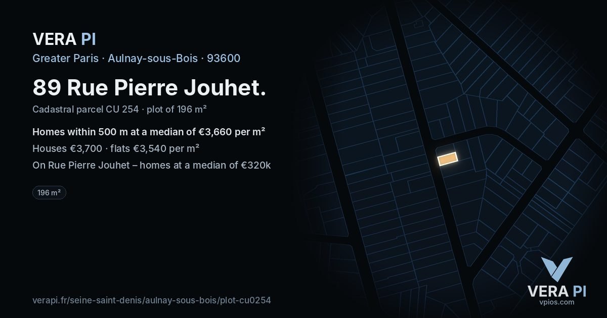 89 Rue Pierre Jouhet, Aulnay-sous-Bois at night – the plot lit, the parcels around coloured by the prices near them