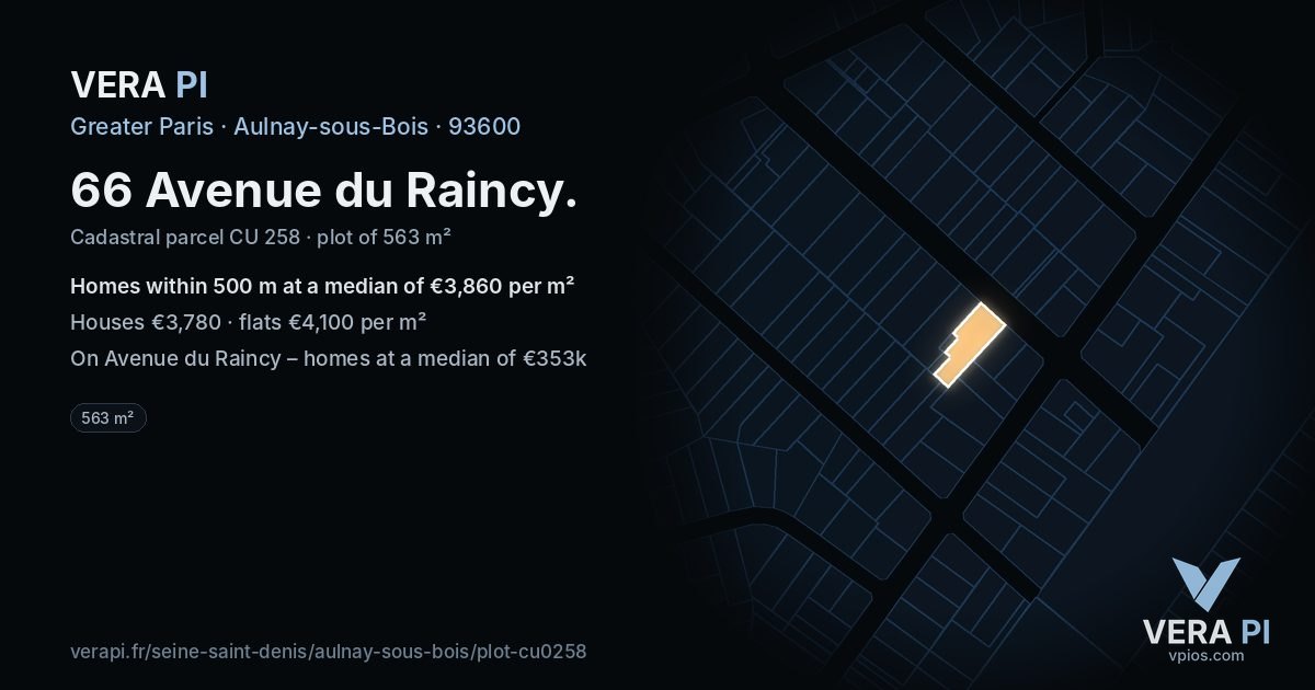 66 Avenue du Raincy, Aulnay-sous-Bois at night – the plot lit, the parcels around coloured by the prices near them