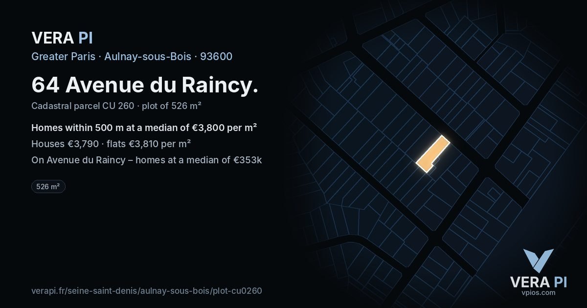 64 Avenue du Raincy, Aulnay-sous-Bois at night – the plot lit, the parcels around coloured by the prices near them