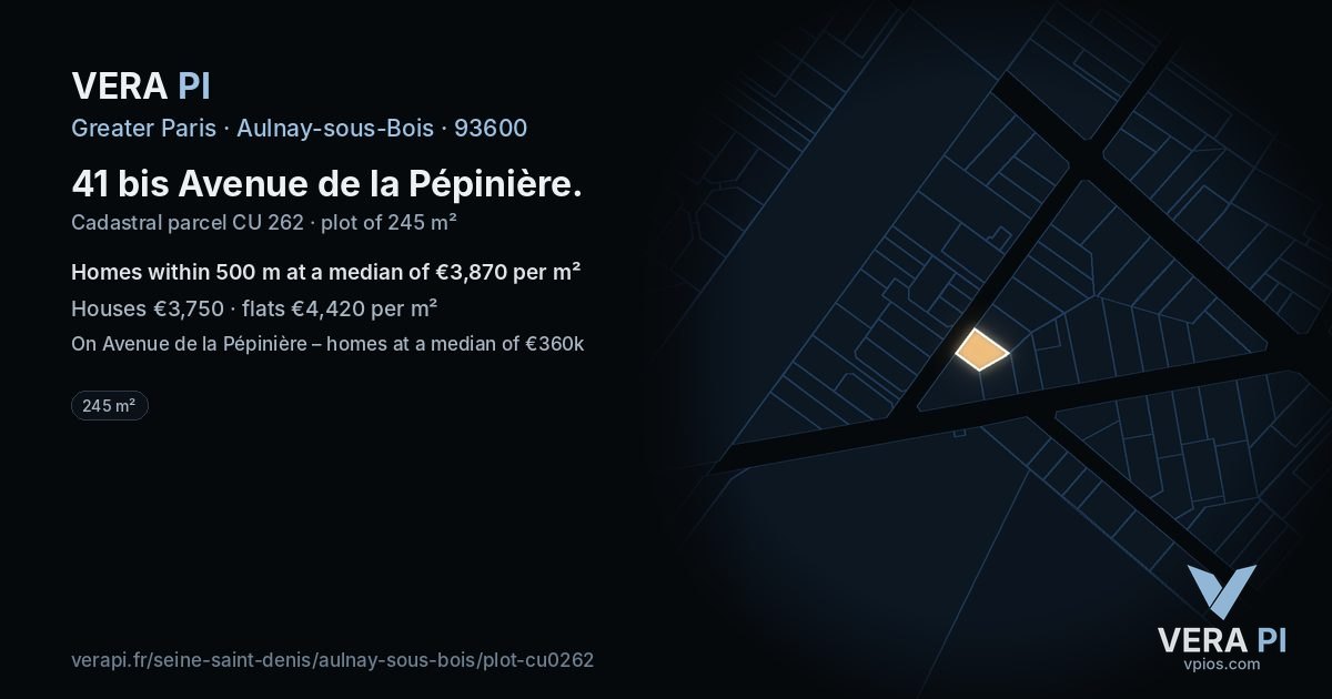 41 bis Avenue de la Pépinière, Aulnay-sous-Bois at night – the plot lit, the parcels around coloured by the prices near them
