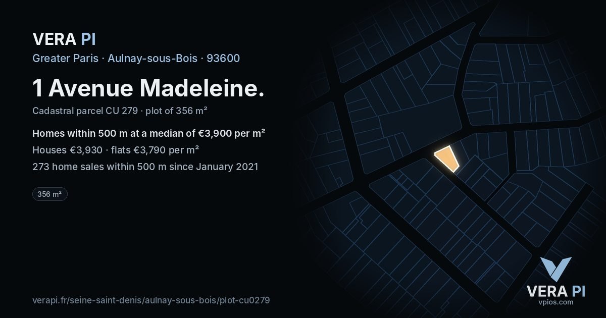 1 Avenue Madeleine, Aulnay-sous-Bois at night – the plot lit, the parcels around coloured by the prices near them