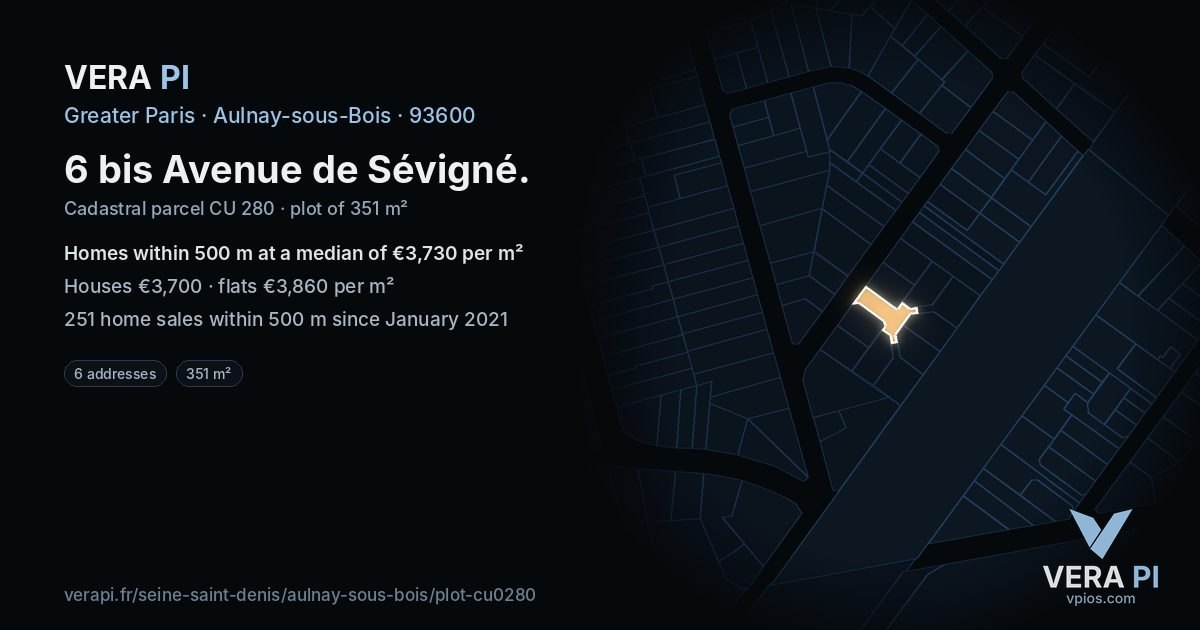 6 bis Avenue de Sévigné, Aulnay-sous-Bois at night – the plot lit, the parcels around coloured by the prices near them