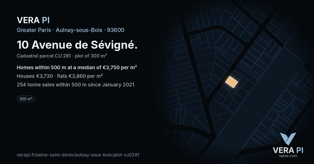 10 Avenue de Sévigné, Aulnay-sous-Bois at night – the plot lit, the parcels around coloured by the prices near them
