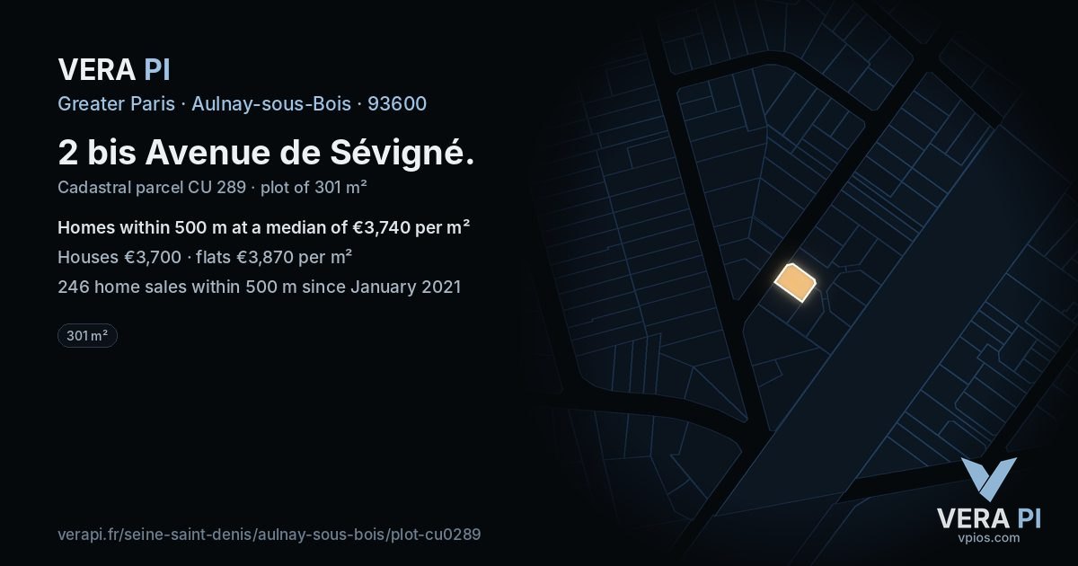 2 bis Avenue de Sévigné, Aulnay-sous-Bois at night – the plot lit, the parcels around coloured by the prices near them