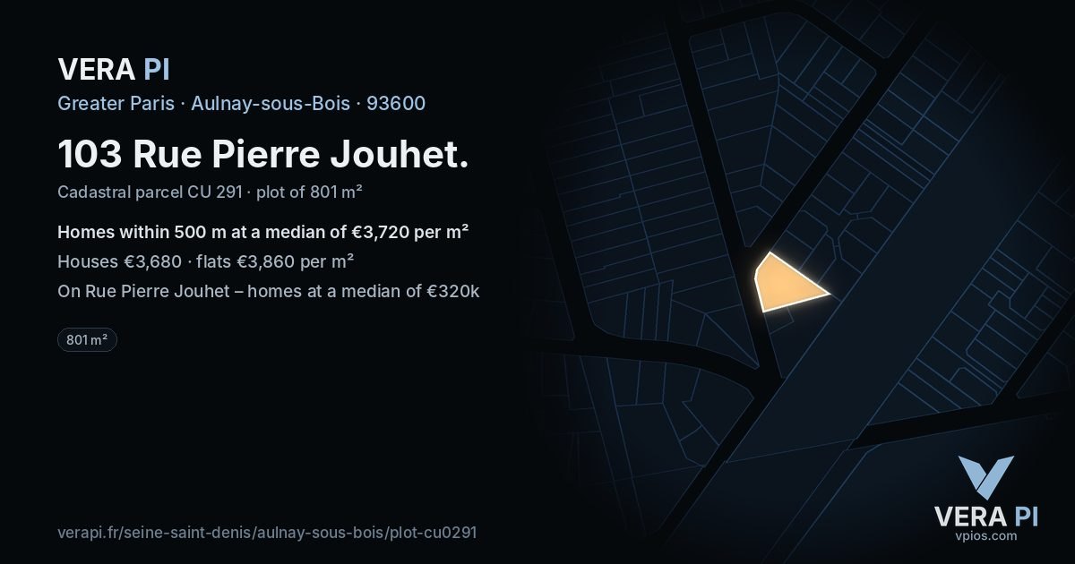103 Rue Pierre Jouhet, Aulnay-sous-Bois at night – the plot lit, the parcels around coloured by the prices near them