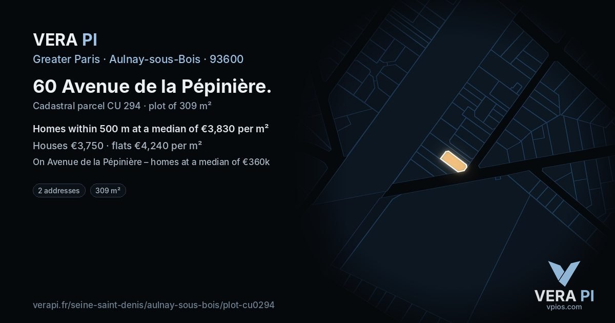 60 Avenue de la Pépinière, Aulnay-sous-Bois at night – the plot lit, the parcels around coloured by the prices near them