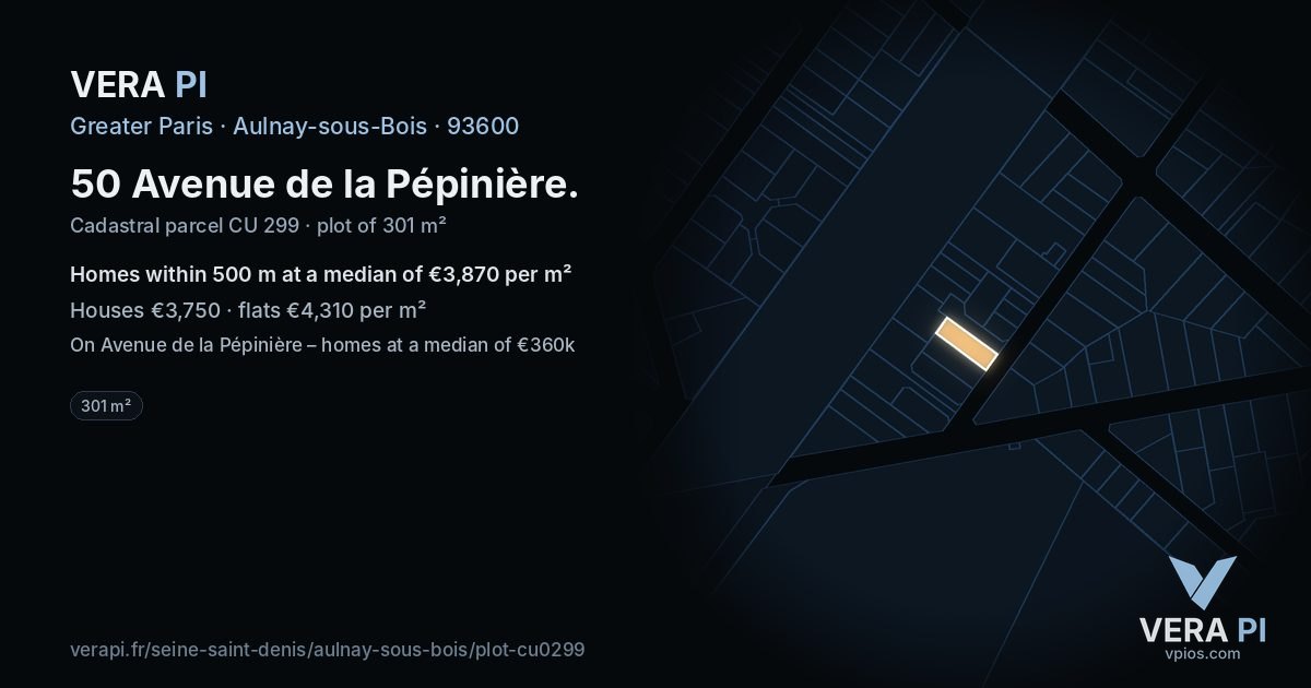 50 Avenue de la Pépinière, Aulnay-sous-Bois at night – the plot lit, the parcels around coloured by the prices near them