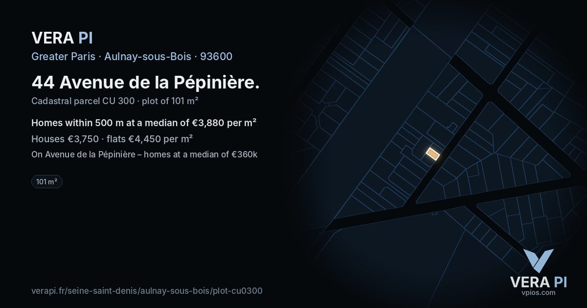 44 Avenue de la Pépinière, Aulnay-sous-Bois at night – the plot lit, the parcels around coloured by the prices near them