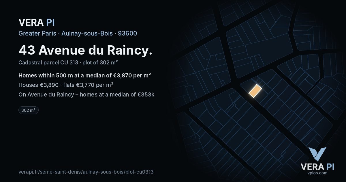 43 Avenue du Raincy, Aulnay-sous-Bois at night – the plot lit, the parcels around coloured by the prices near them