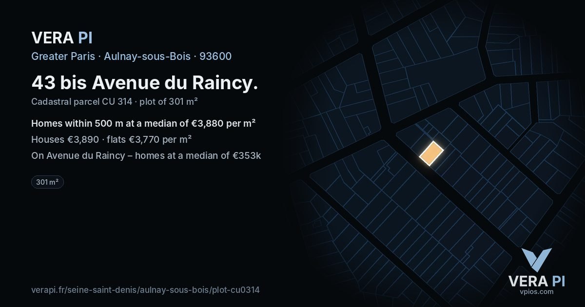 43 bis Avenue du Raincy, Aulnay-sous-Bois at night – the plot lit, the parcels around coloured by the prices near them