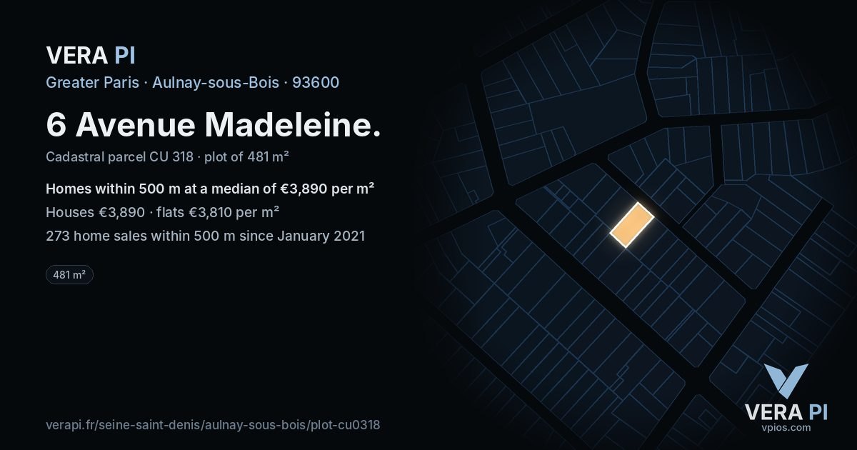 6 Avenue Madeleine, Aulnay-sous-Bois at night – the plot lit, the parcels around coloured by the prices near them