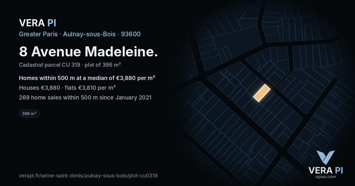 8 Avenue Madeleine, Aulnay-sous-Bois at night – the plot lit, the parcels around coloured by the prices near them