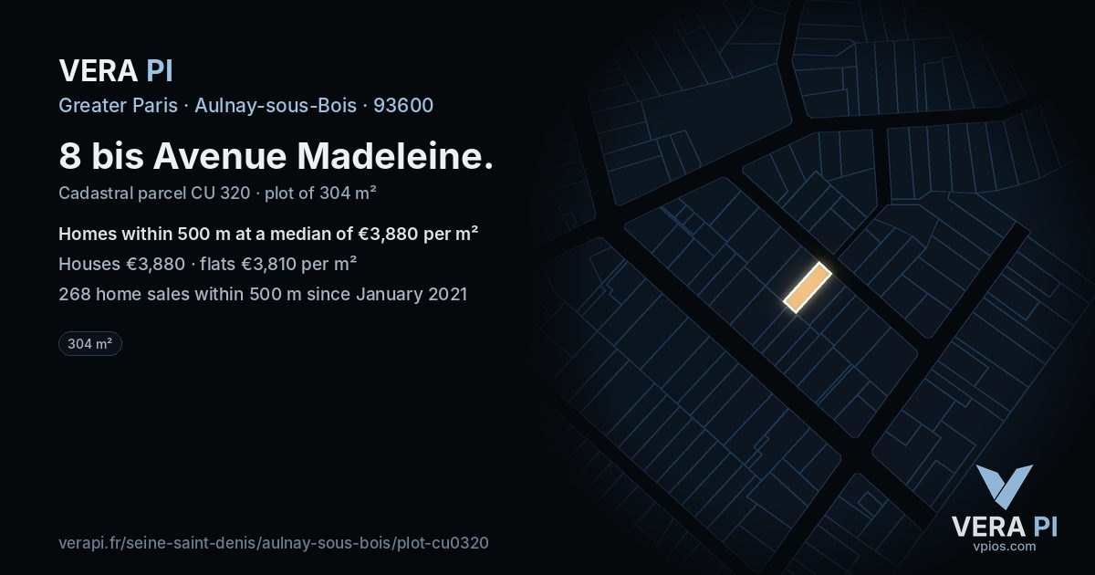 8 bis Avenue Madeleine, Aulnay-sous-Bois at night – the plot lit, the parcels around coloured by the prices near them