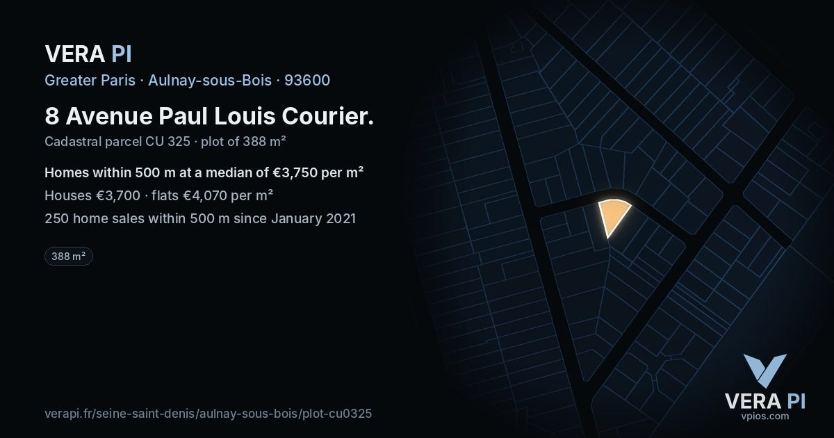 8 Avenue Paul Louis Courier, Aulnay-sous-Bois at night – the plot lit, the parcels around coloured by the prices near them