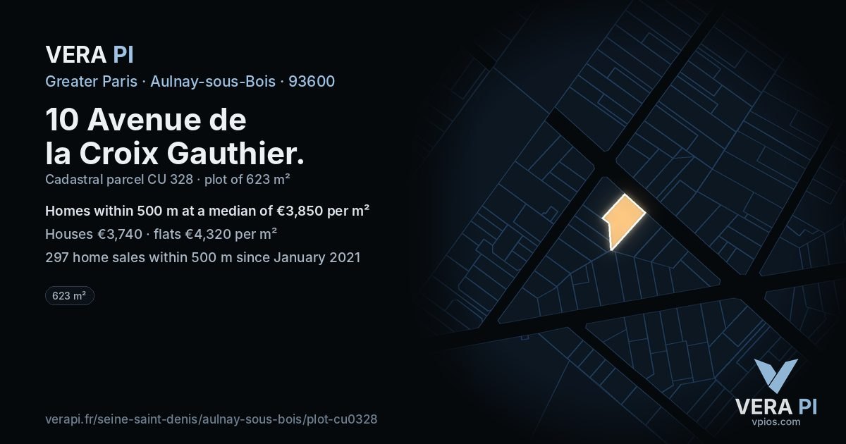 10 Avenue de la Croix Gauthier, Aulnay-sous-Bois at night – the plot lit, the parcels around coloured by the prices near them