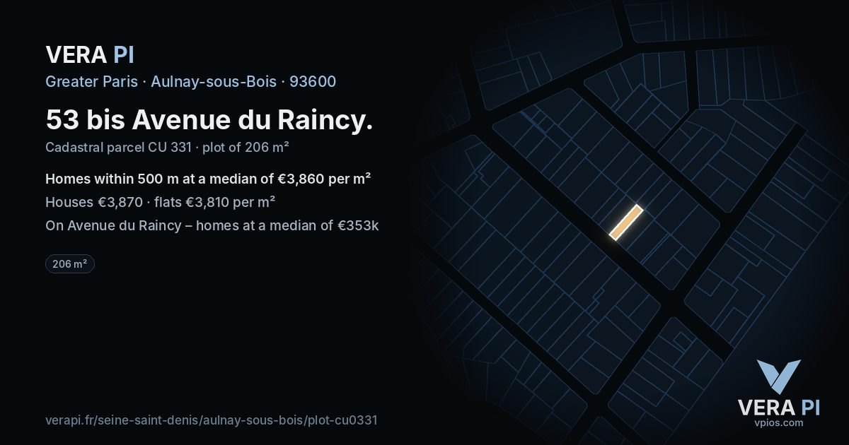 53 bis Avenue du Raincy, Aulnay-sous-Bois at night – the plot lit, the parcels around coloured by the prices near them