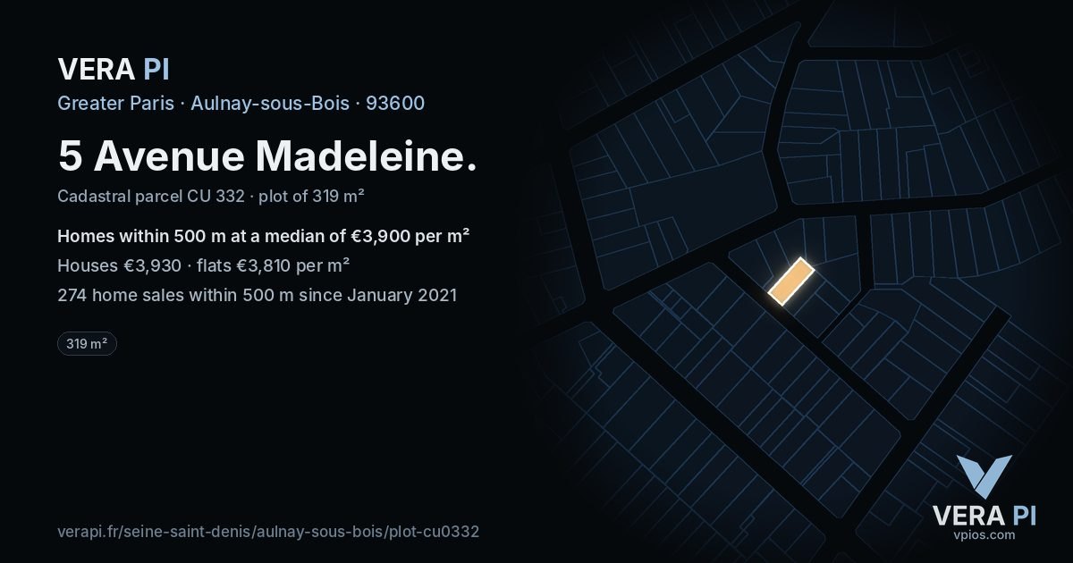5 Avenue Madeleine, Aulnay-sous-Bois at night – the plot lit, the parcels around coloured by the prices near them
