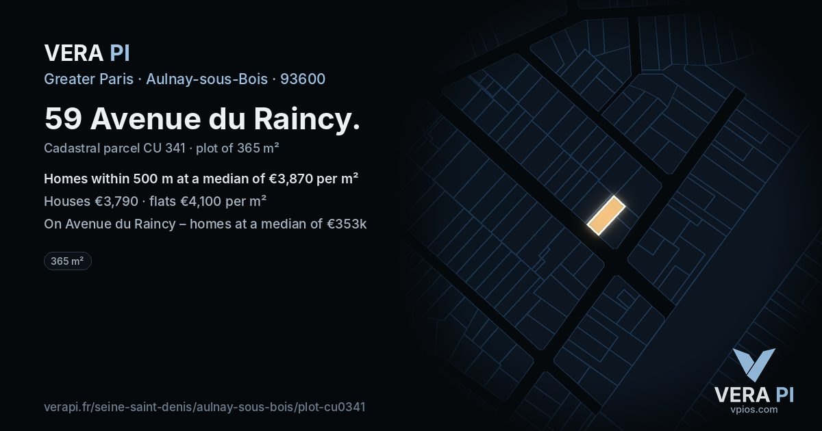 59 Avenue du Raincy, Aulnay-sous-Bois at night – the plot lit, the parcels around coloured by the prices near them