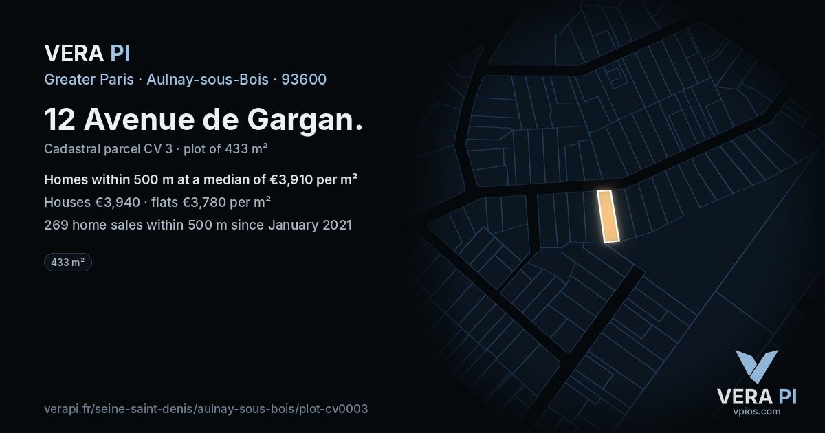 12 Avenue de Gargan, Aulnay-sous-Bois at night – the plot lit, the parcels around coloured by the prices near them