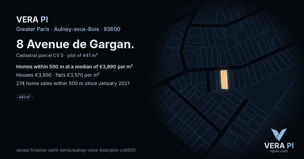 8 Avenue de Gargan, Aulnay-sous-Bois at night – the plot lit, the parcels around coloured by the prices near them