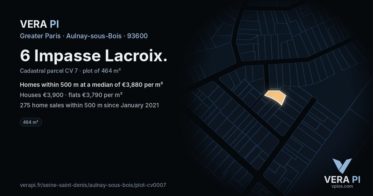 6 Impasse Lacroix, Aulnay-sous-Bois at night – the plot lit, the parcels around coloured by the prices near them