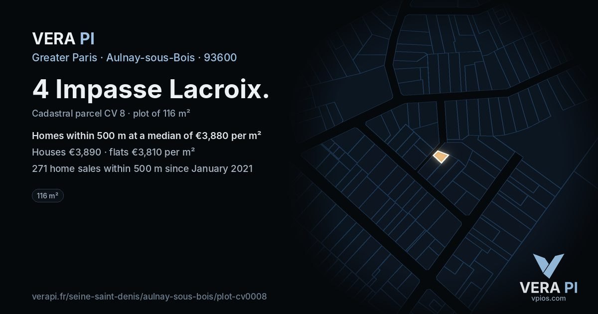 4 Impasse Lacroix, Aulnay-sous-Bois at night – the plot lit, the parcels around coloured by the prices near them