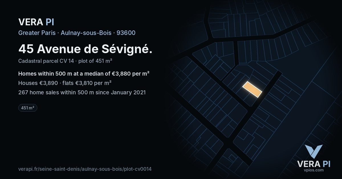 45 Avenue de Sévigné, Aulnay-sous-Bois at night – the plot lit, the parcels around coloured by the prices near them