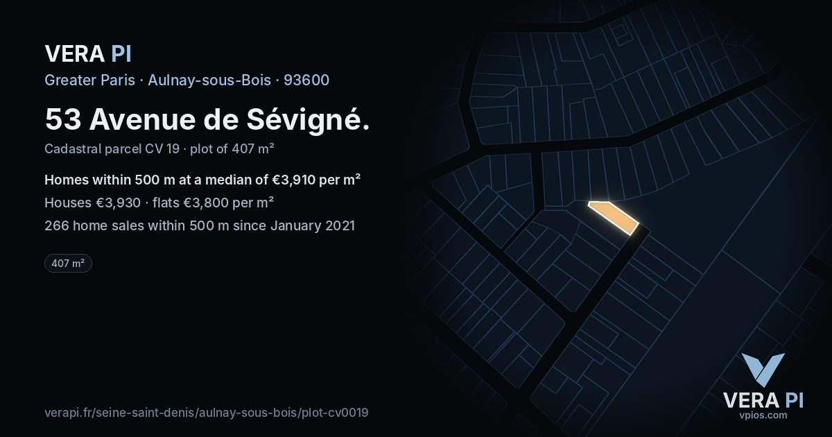 53 Avenue de Sévigné, Aulnay-sous-Bois at night – the plot lit, the parcels around coloured by the prices near them