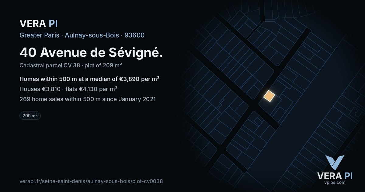 40 Avenue de Sévigné, Aulnay-sous-Bois at night – the plot lit, the parcels around coloured by the prices near them