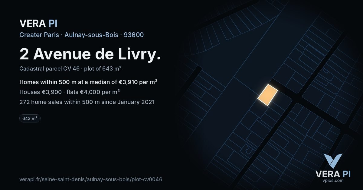 2 Avenue de Livry, Aulnay-sous-Bois at night – the plot lit, the parcels around coloured by the prices near them