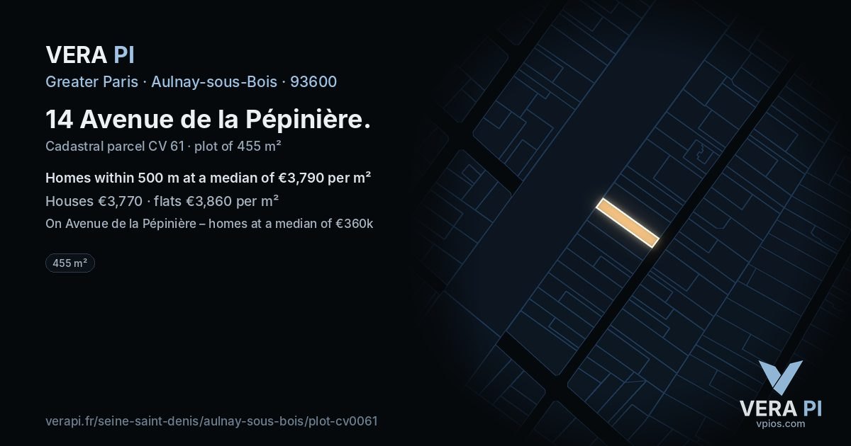 14 Avenue de la Pépinière, Aulnay-sous-Bois at night – the plot lit, the parcels around coloured by the prices near them