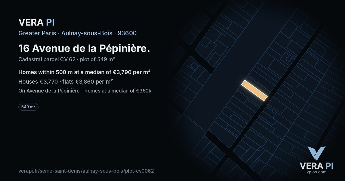 16 Avenue de la Pépinière, Aulnay-sous-Bois at night – the plot lit, the parcels around coloured by the prices near them