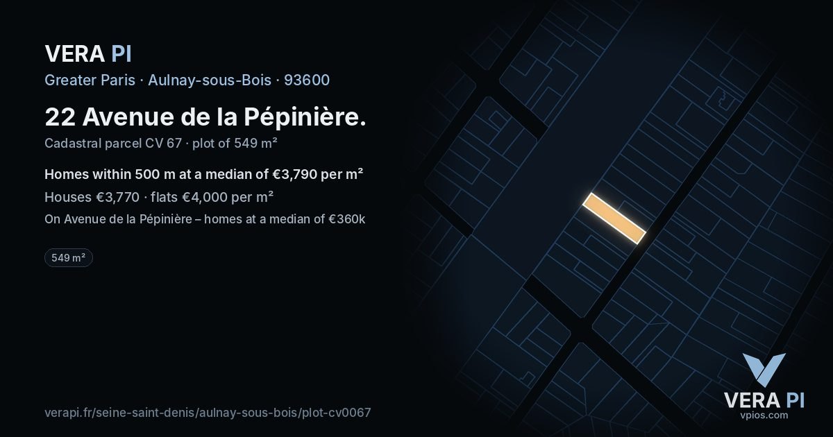 22 Avenue de la Pépinière, Aulnay-sous-Bois at night – the plot lit, the parcels around coloured by the prices near them