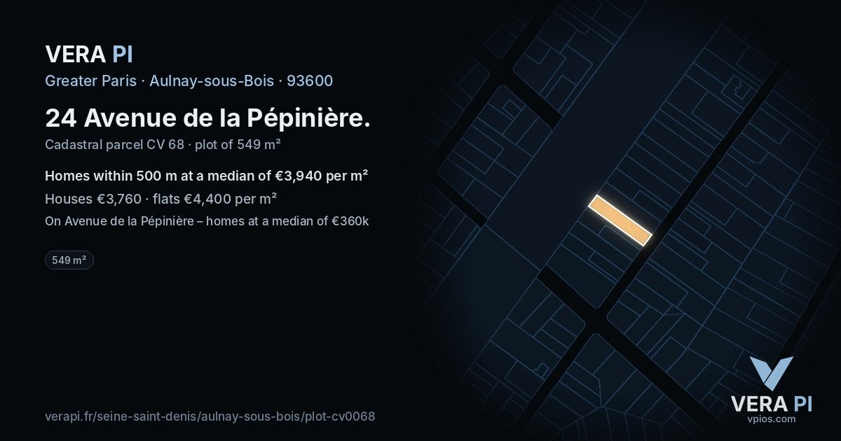24 Avenue de la Pépinière, Aulnay-sous-Bois at night – the plot lit, the parcels around coloured by the prices near them