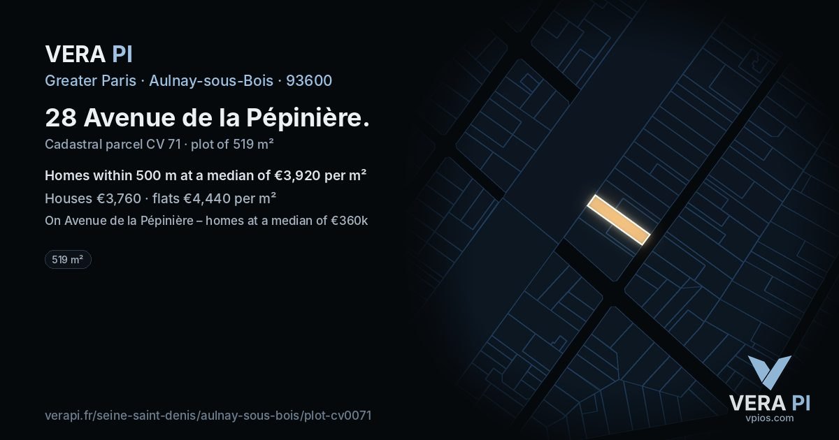 28 Avenue de la Pépinière, Aulnay-sous-Bois at night – the plot lit, the parcels around coloured by the prices near them