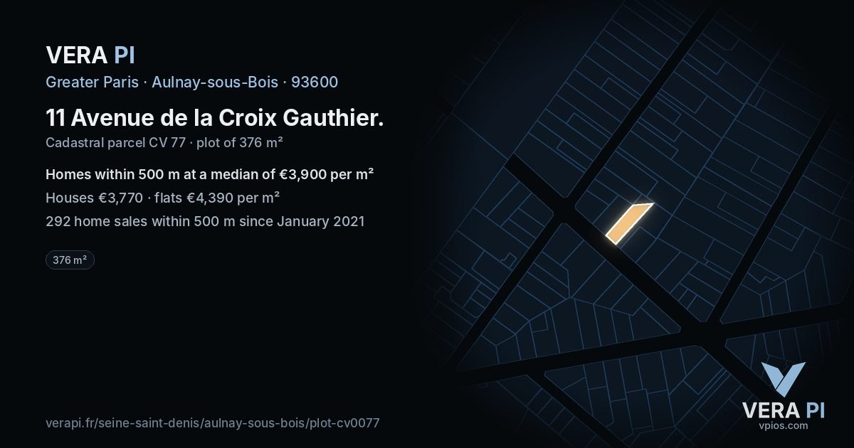 11 Avenue de la Croix Gauthier, Aulnay-sous-Bois at night – the plot lit, the parcels around coloured by the prices near them