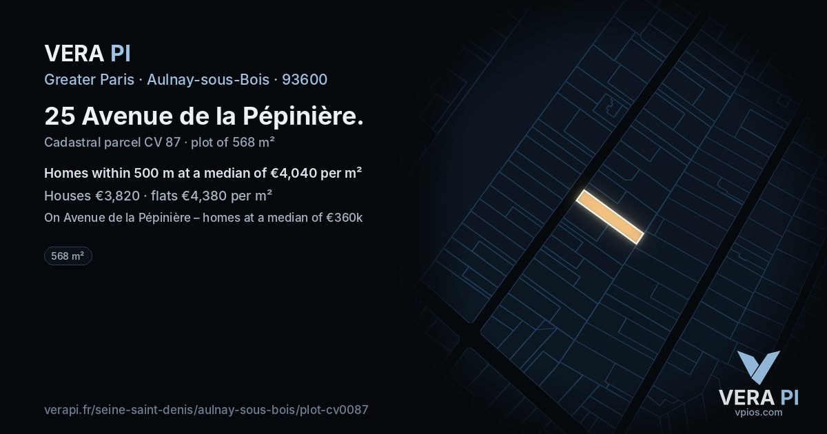 25 Avenue de la Pépinière, Aulnay-sous-Bois at night – the plot lit, the parcels around coloured by the prices near them