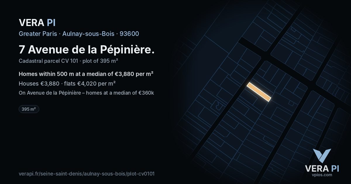 7 Avenue de la Pépinière, Aulnay-sous-Bois at night – the plot lit, the parcels around coloured by the prices near them