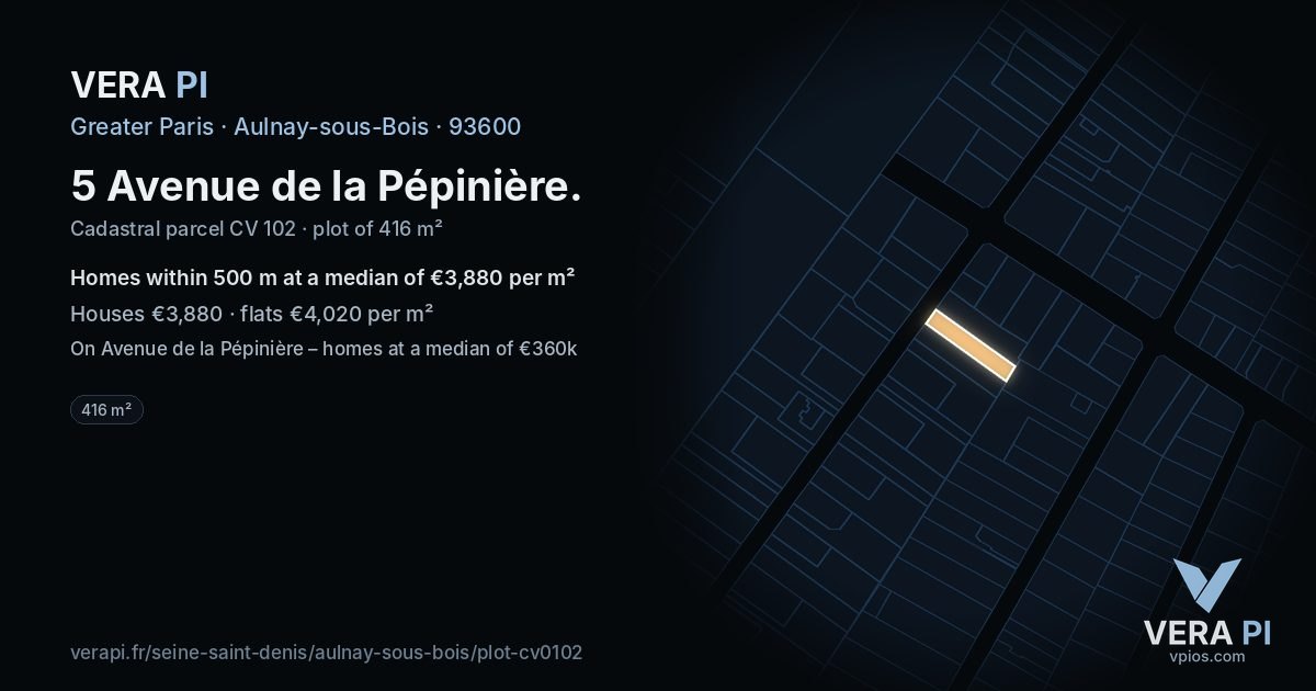 5 Avenue de la Pépinière, Aulnay-sous-Bois at night – the plot lit, the parcels around coloured by the prices near them