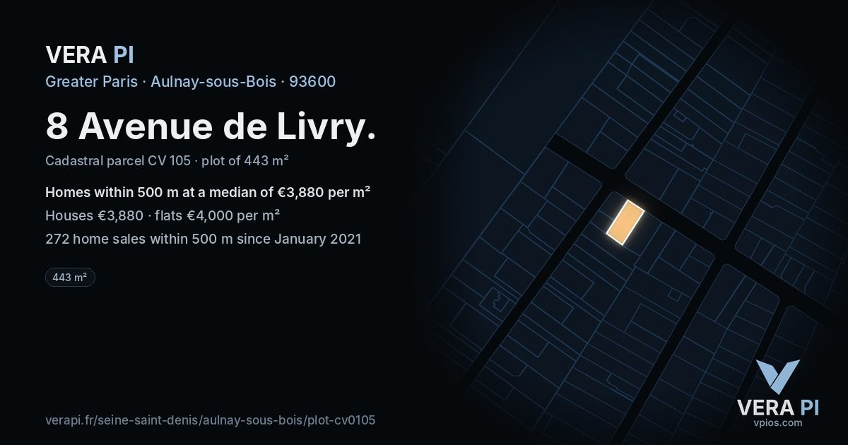 8 Avenue de Livry, Aulnay-sous-Bois at night – the plot lit, the parcels around coloured by the prices near them