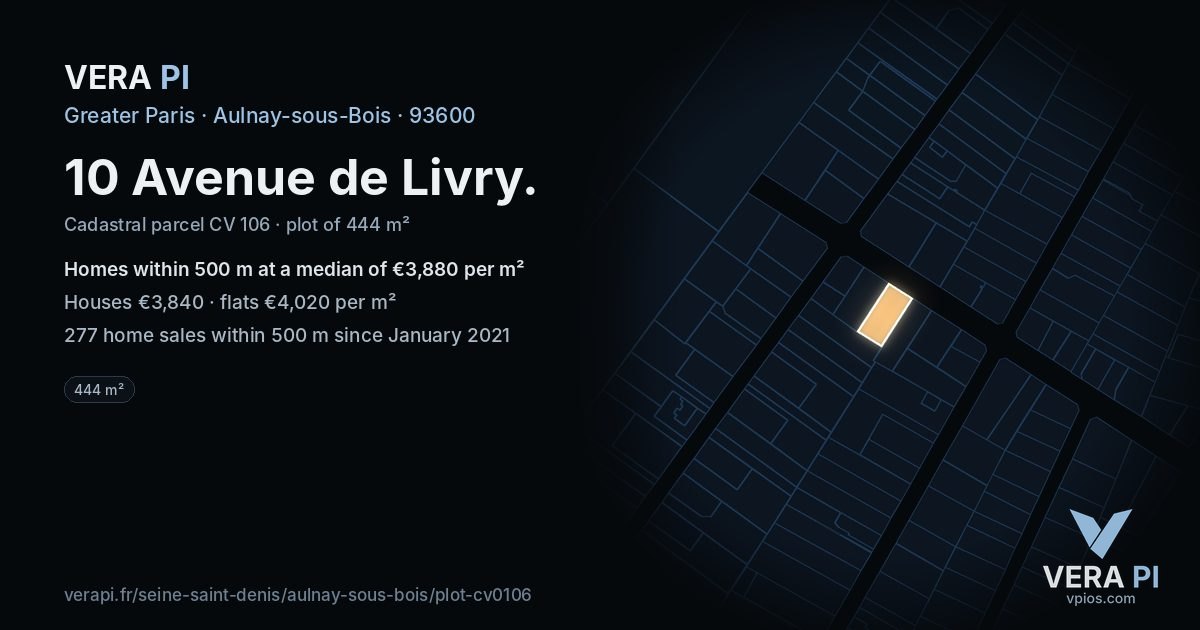 10 Avenue de Livry, Aulnay-sous-Bois at night – the plot lit, the parcels around coloured by the prices near them