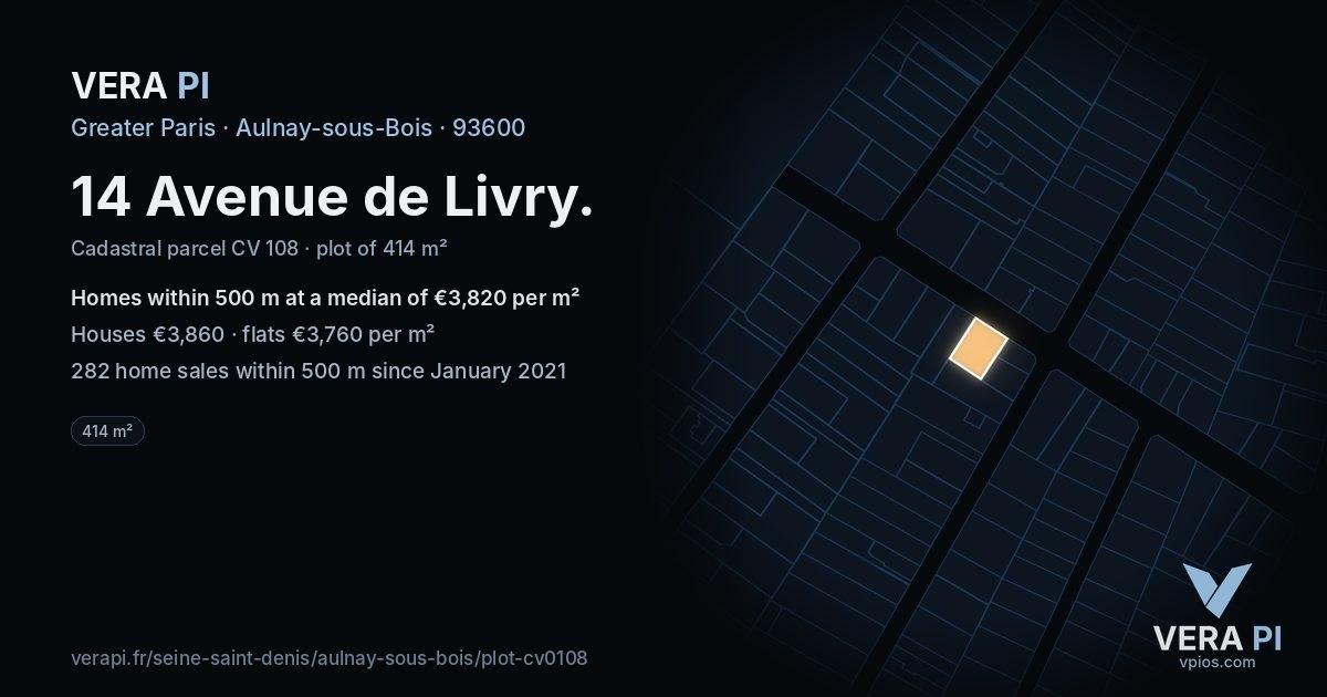 14 Avenue de Livry, Aulnay-sous-Bois at night – the plot lit, the parcels around coloured by the prices near them